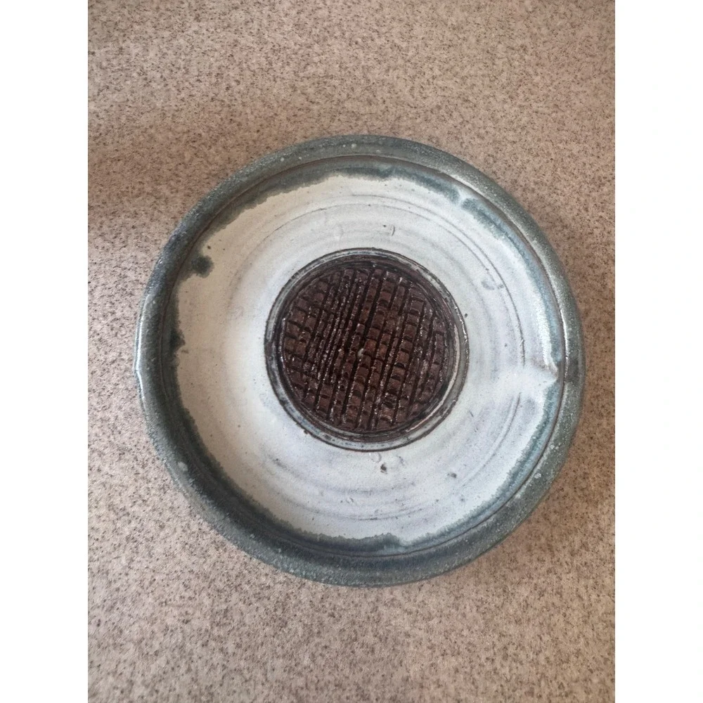 Handmade Garlic Grater Plate Pottery Blue Brown Coastal Artisan Stoneware Dish